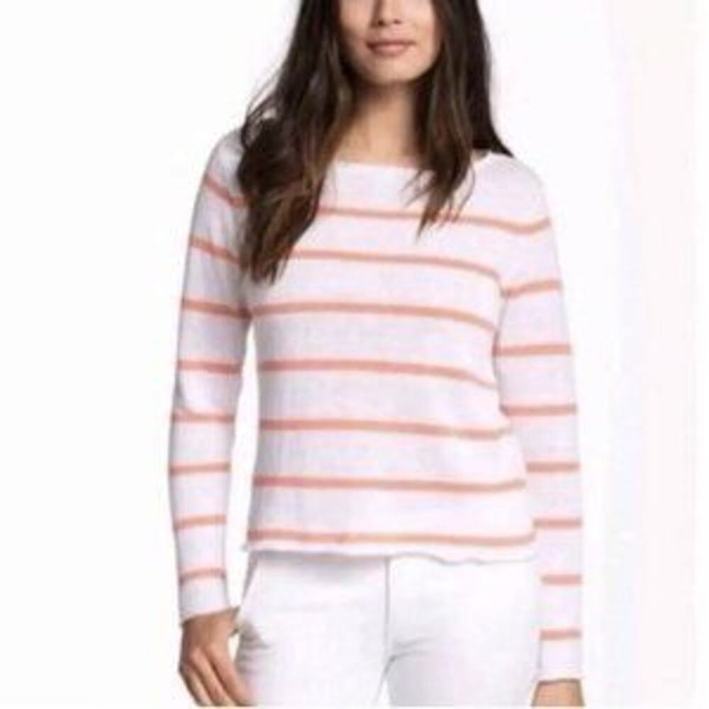 Eileen Fisher 100% Linen Striped Long Sleeve Pullover Sweater White Orange Small